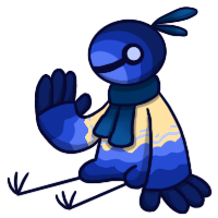 a creature that looks like a bird sitting on the floor waving. they are blue!