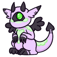 an adorble creature with one eye and horns. they are purple green and black!